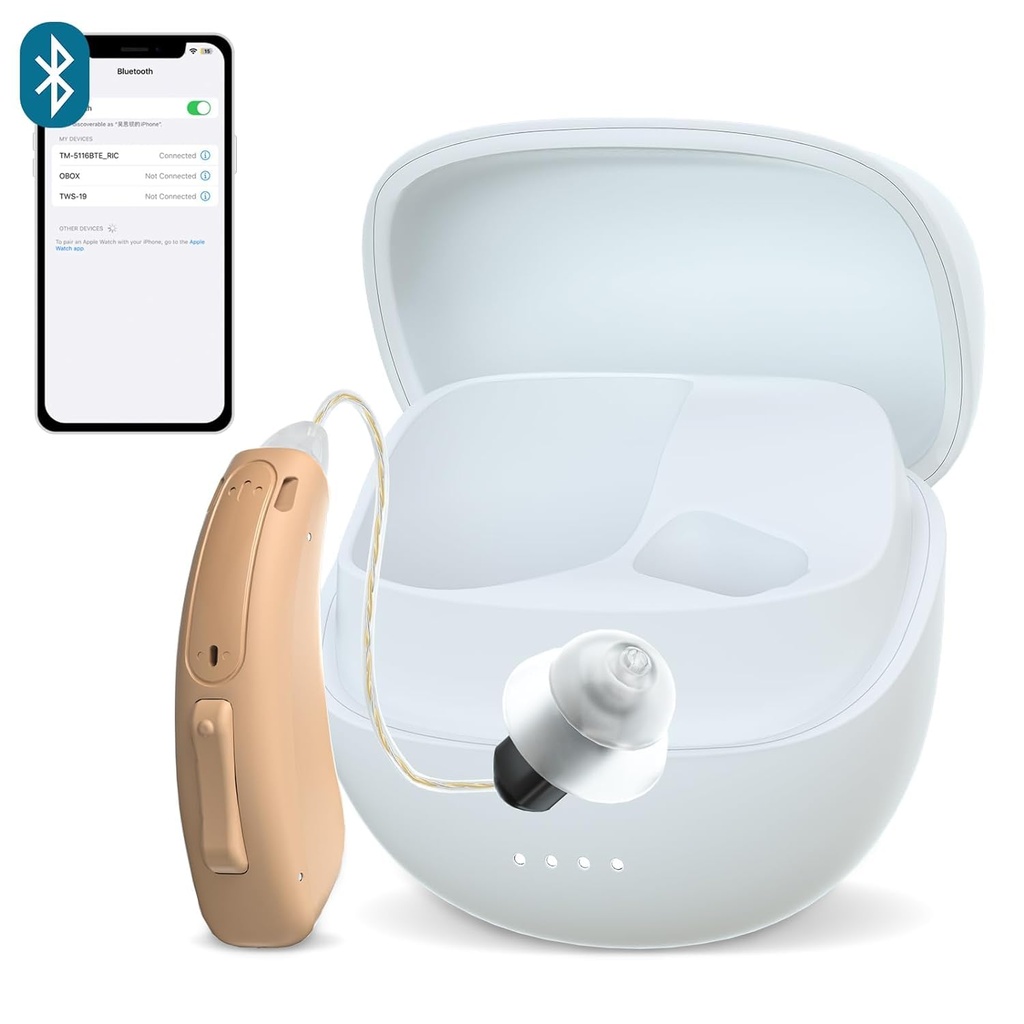 RIC enkelt høreapparat for seniorer , CUSTOM FIT Digital Over-The-Counter Oppladbar Tinnitus maskering Premium høreapparat løsning for voksne, Nearly usynlig Bluetooth Call Aktivert, Auto-On, 1pc venstre side