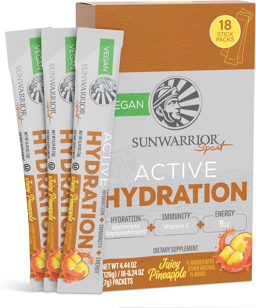 Sunwarrior Hydration Powder Electrolyte Packets Powder B12 Elderberry | Juicy Pineapple Flavored 18 Stick Packs 126g Pouch | Vegan og plantebasert sukkerfri