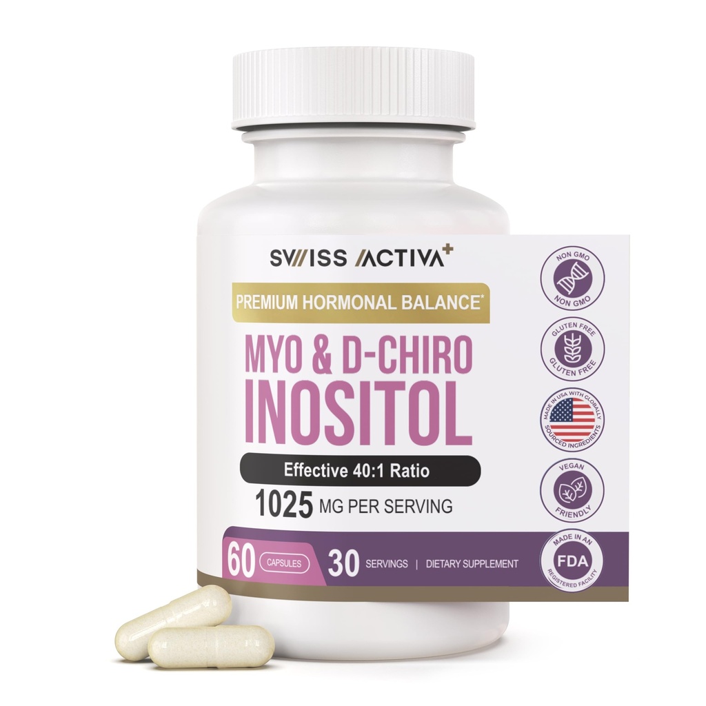 Swiss Activa+ Labs Myo Inositol Supplement & D-Chiro Inositol Supplement - Premium Hormon Balance for kvinner og PCOS Supplement - Regulere Menstruell Syklus - Ovarian Support - 30 dagers levering