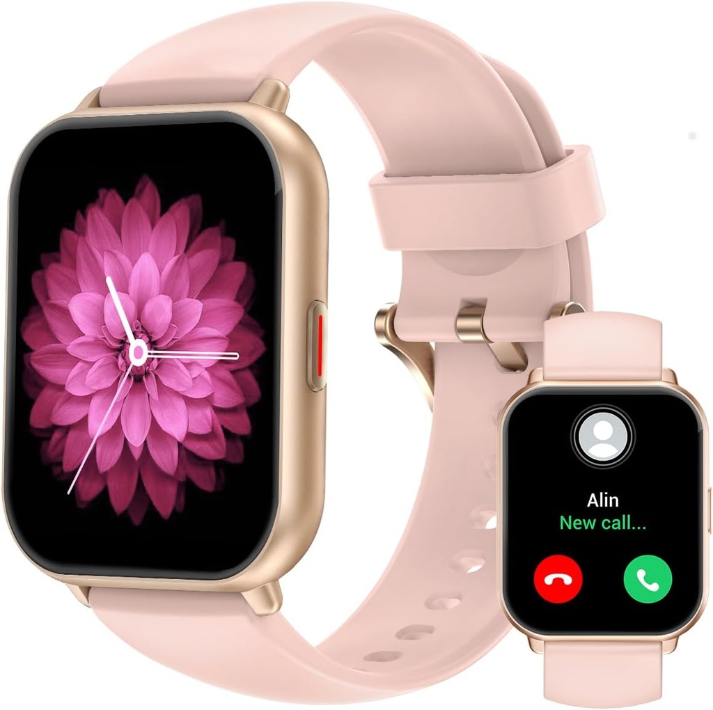 RUIMEN Smart Klokker for menn Kvinner (Svar/Make-samtaler, 2 band inkludert), 1.8" Smartwatch for iOS/Android-telefoner, Fitness Tracker Heart Rate/Sleep Monitor Digital Watch Vanntett Pink