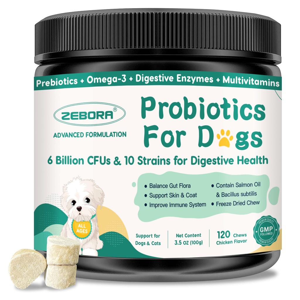 Probiotika for hund Digestive Helse, Hundeprobiotika og Digestive Enzymer, Prebiotika, Omega-3 og 6 og vitamin for hunder, 6 milliarder CFU for Gut Helse og immunstøtte, 120 Chews