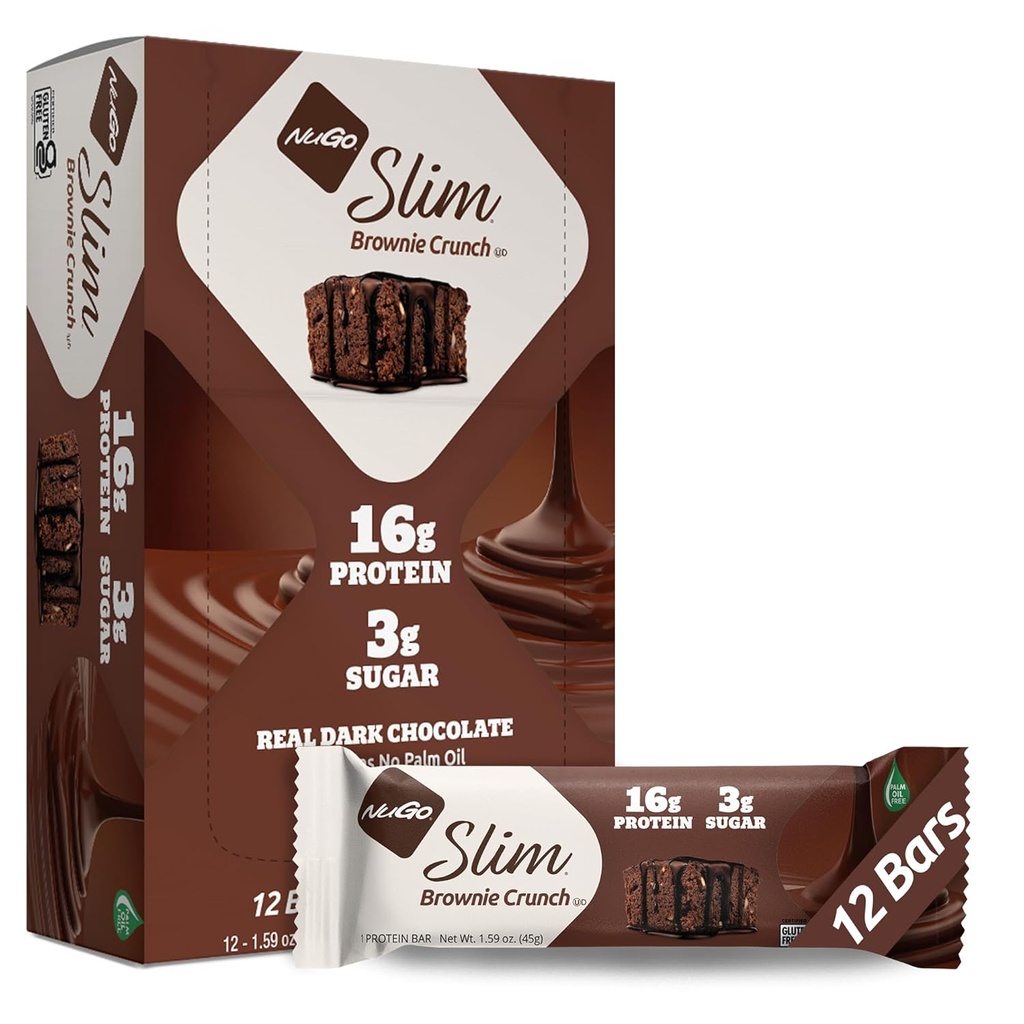 NuGo Slim mørk sjokolade brunette crunch, 16g Protein Bar, Glutenfri, Ikke-GMO, Kosher, Ketovennlig, Lav carb, 12 greve