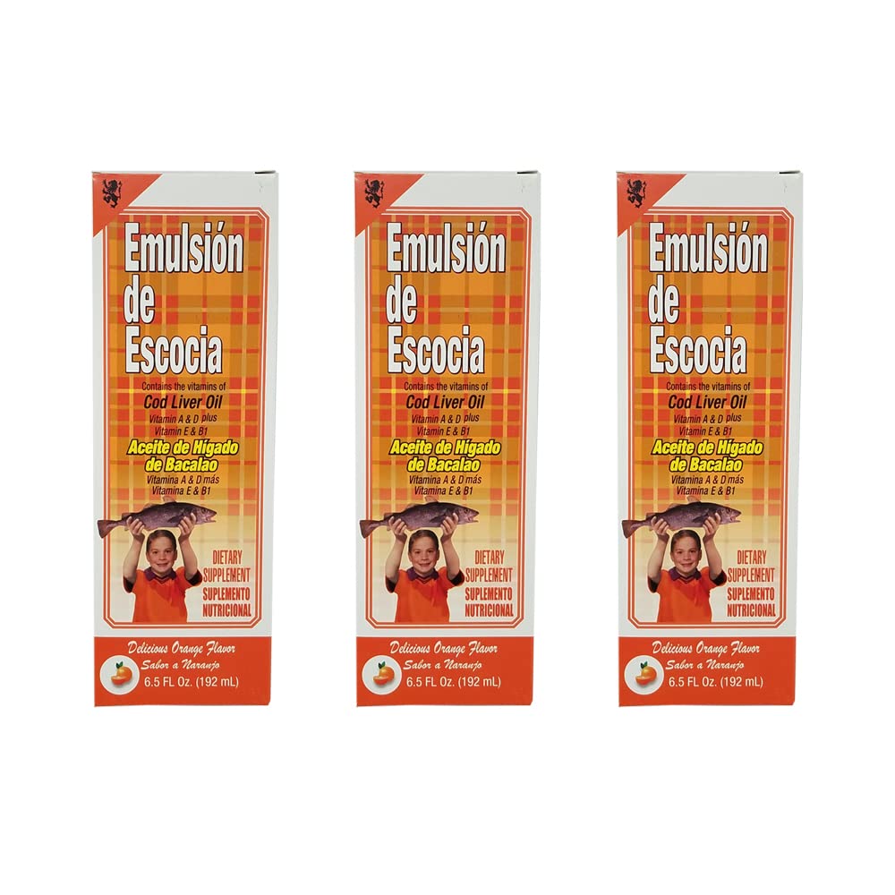 Emulsjon de Escocia. Cod leverolje kosttilskudd. Rik på vitaminer A, D, E og B1. Orange Flavored. 6,5 Fl.Oz / 192 ml. Pakke med 3