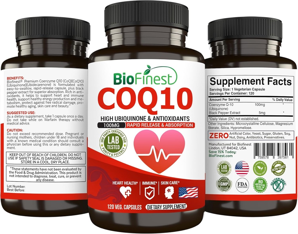 BioFinest CoQ10 Coenzym Q10 100mg Supplement - Rask release Rask absorpsjon - Immune Heart Energy Antioksidant (120caps)