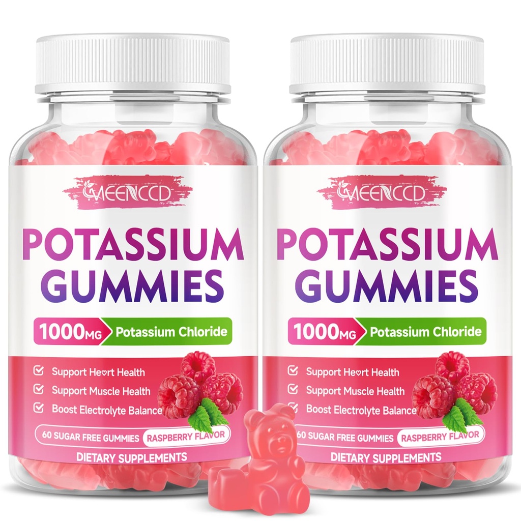 2 Pack Potassium Gummies, Potassium Chloride for Adults, Sugar-Free Potassium Supplement Gummies Support Electrolyte Balance for Women & Men, Raspberry Flavor, 120 Count