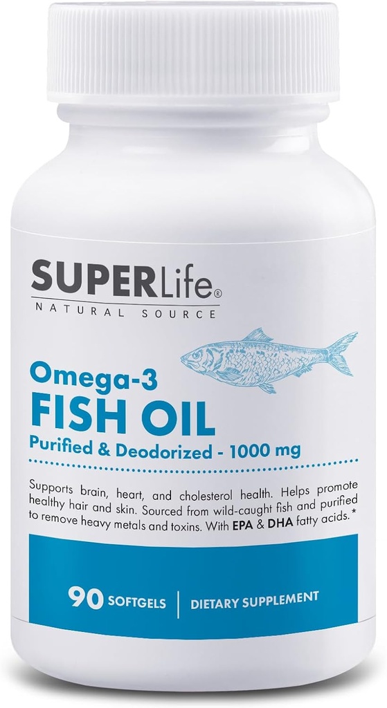 Omega-3 Fish Oil - 1000 mg renset og deodorisert fra vilde fanget fisk med EPA & DHA fettsyrer | støtter hjerte, hjerne, hår og hud helse | Supplement - 90 Softgels