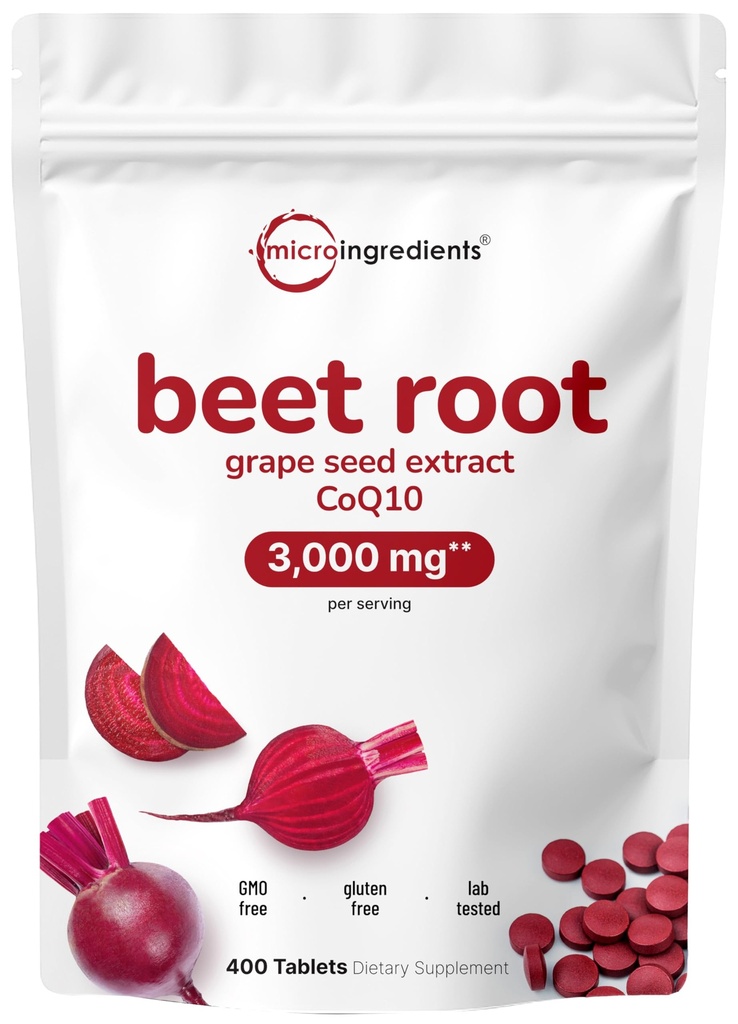 Beet Root 3000mg med kornfrøekstrakt og coQ10, 400 tabletter | 200 serveringer | Superbets kosttilskudd fra fersk beetrot ekstrakt for nitrogenoksid, blodtrykk og hjerte helse støtte