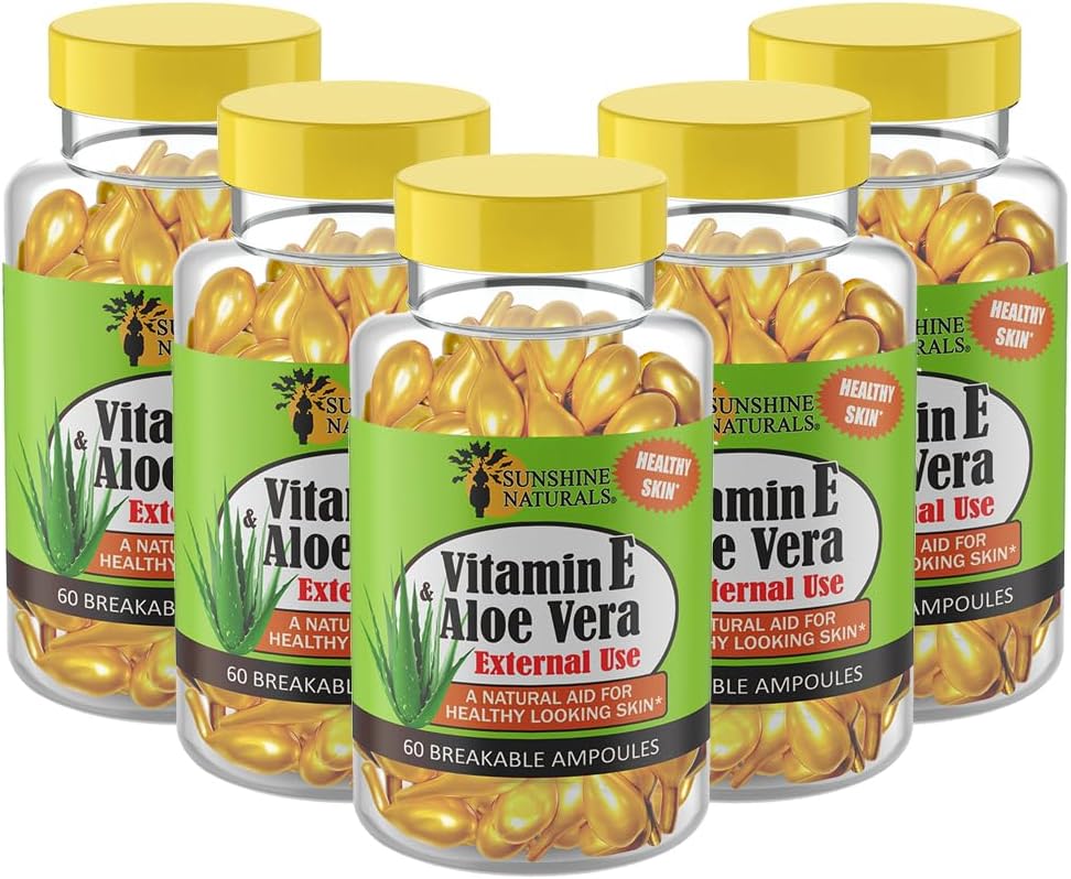 Sunshine Naturals Vitamin E og Aloe Vera Moisturizer. Hydrating formel for tørr hud, beroligende lindring, nourishment og hud elastisitet. Fremmer myk og sunn hud. 60 vialer. Pakke med 5