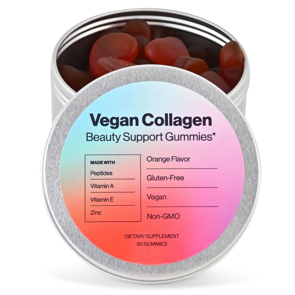 Vegansk skjønnhetsstøtte Gummies Collage Booster med biotin, vitamin C, A, E, Folsyre, og mer - 60 Gummies - plast-fri tinn - laget med naturlige ingredienser