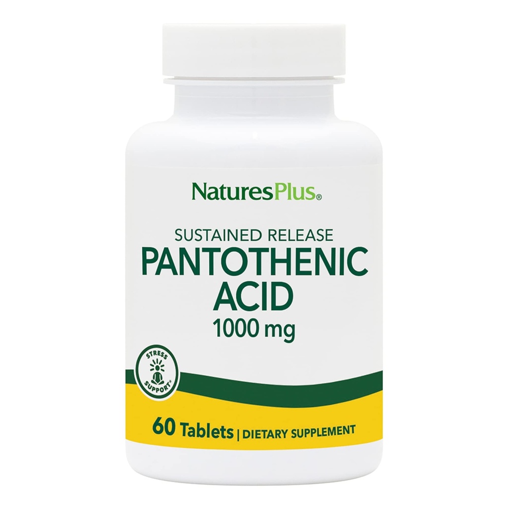 NaturesPlus Pantothenic Acid, frigjøring - 1000 mg, 60 tabletter - høy potens Vitamin B5 Supplement - Vegetarisk, Glutenfri - 60 Serveringer