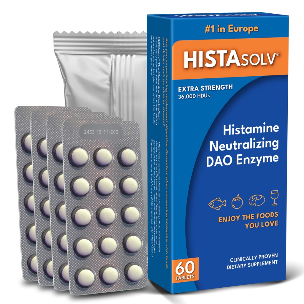 Medagel HISTAsolv Extra Styrke DAO Enzyme Supplement for Histamin Mat Intolerance - Eases Discomfort - Patentert Tech - laget i Østerrike - 60 Pack