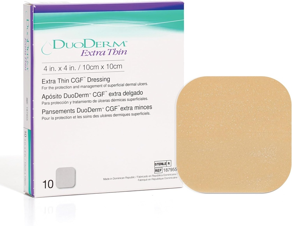 ConvaTec DuoDERM Extra Thin Control Gel Formel 4"x4" Hydrokolloid Sterile klesplagg kjoler for superficial sår, lav friksjon, lateks-fri, vanntett, Square, Beige, 10ct boks