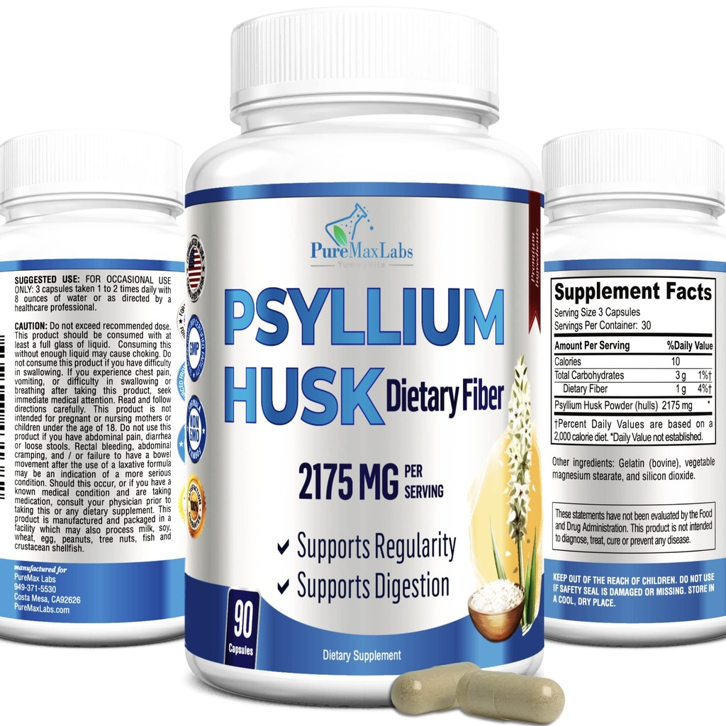 Psyllium Husk Diett Fiber Supplement 2175mg, Ikke-GMO, 90 kapsler