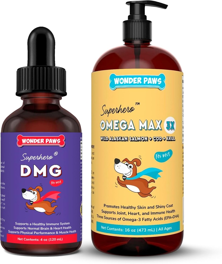 WONDER PAWS Premium DMG Liquid Plus Omega Max Fiskeolje - for hunds immunstøtte, hud, allergier, felles omsorg og generell helse - DMG 4 ovner - Omega Max 16 egg