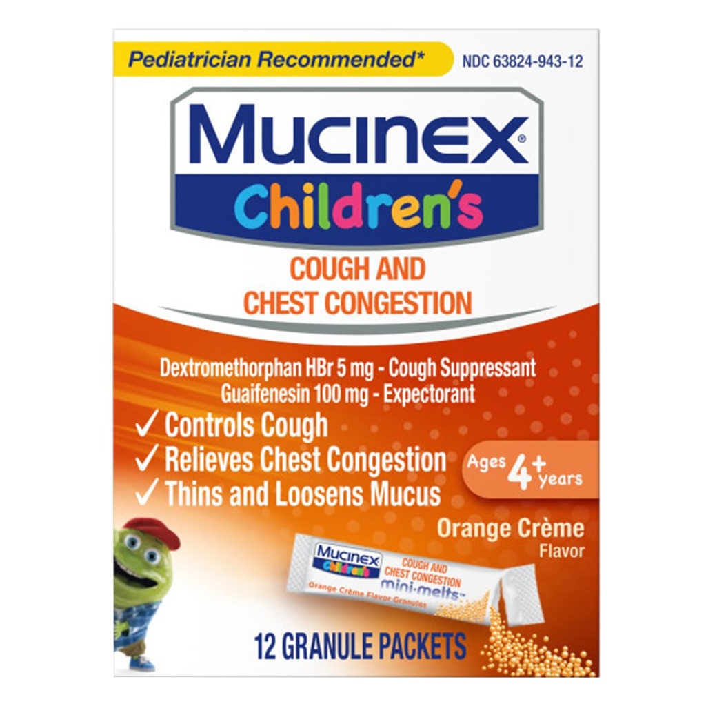 Mucinex barn bryst kongesjon forventer og Cough Suppressant Mini-Melts, oransje krem, 12 greve (Packing May Vary)