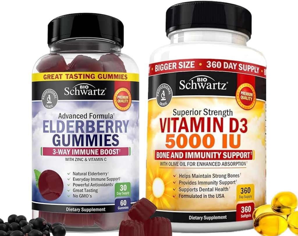 BioSchwartz Elderberry Gummies med sink og vitamin C for voksen immun støtte (1 måneds forsyning) Plus høy styrke vitamin D3 5000 IU 125mg (1 år forsyning)