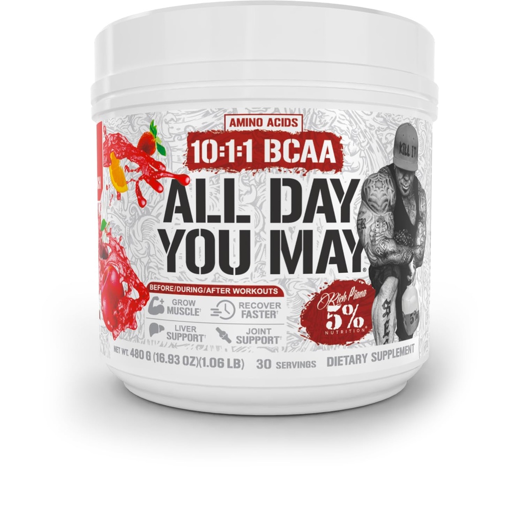 5% Nutrition Rich Piana AllDayYouMay BCAA pulver | Premium Intra & Post Trening Aminosyrer, Hydrasjon, utholdenhet, muskelgjenvinning, felles og lever støtte | 16,93 oz, 30 Serveringer (Fruit Punch)