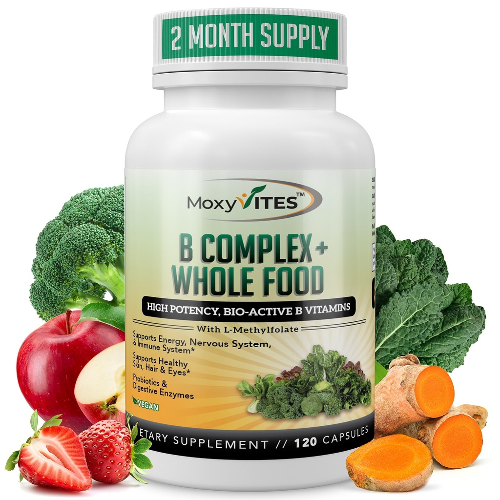 MoxyVites vitamin B-kompleks - B-vitaminer hele mattilskudd, B12 Metylcobalamin, B1, B2, B3, B5, B6, B7, B9 - for stress, energi og immunstøtte, Vegansk, 120 Kapsler