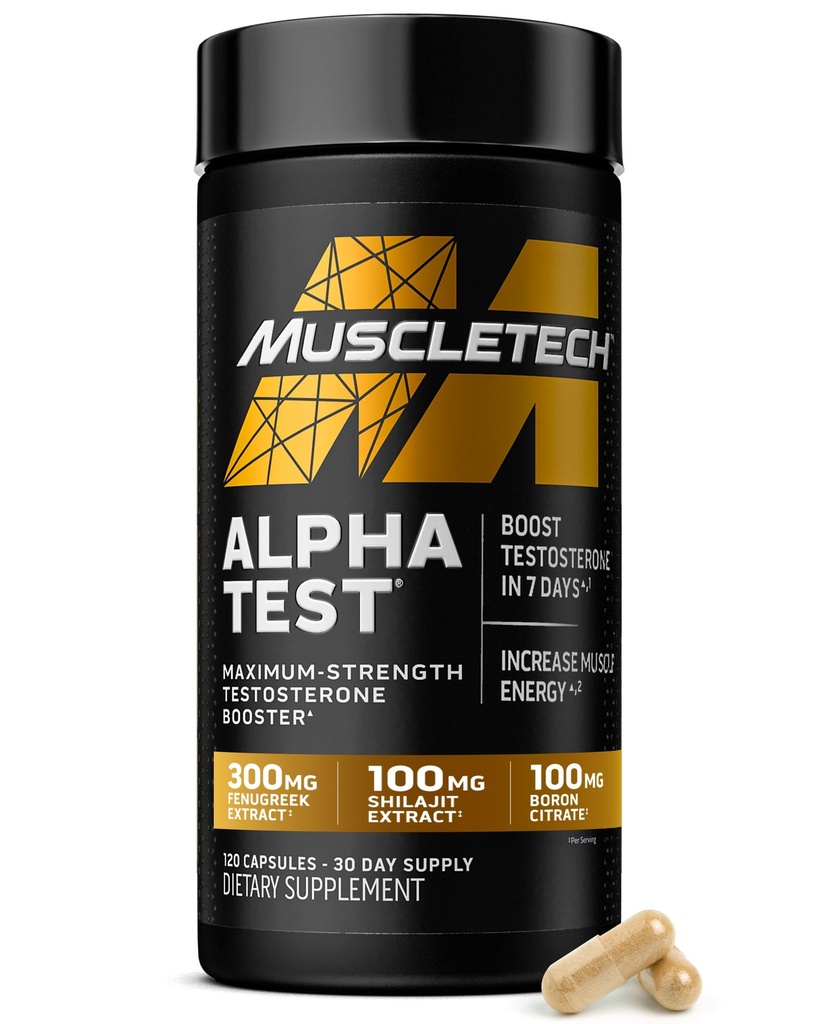 MuscleTech Testosteron Booster for menn, AlphaTest - T-Boost Mens Supplement med Tribulus Terrestris & Bor - Daglig mannlig Gym Trening Kosttilskudd for muskelvekst, Stamina & energi - 120 piller