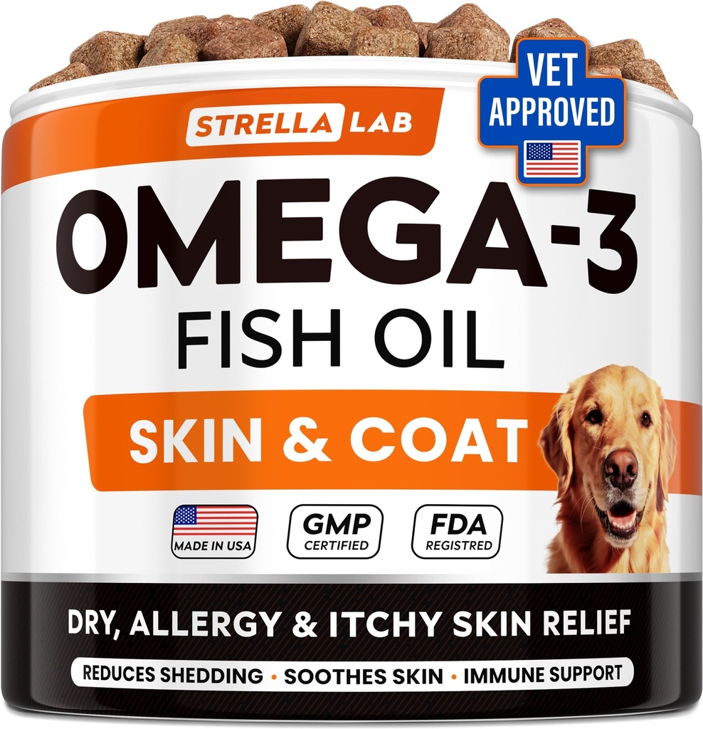 StrellaLab Omega 3 for hunder - (180Ct) Fiskeoljebehandlere - Allergi og kløe Relief Skin & Coat Supplement - Tørr kløende hud, antishedding og varme flekker behandling - Kjæledyr Salmonolje Chews - Kylling Flavor