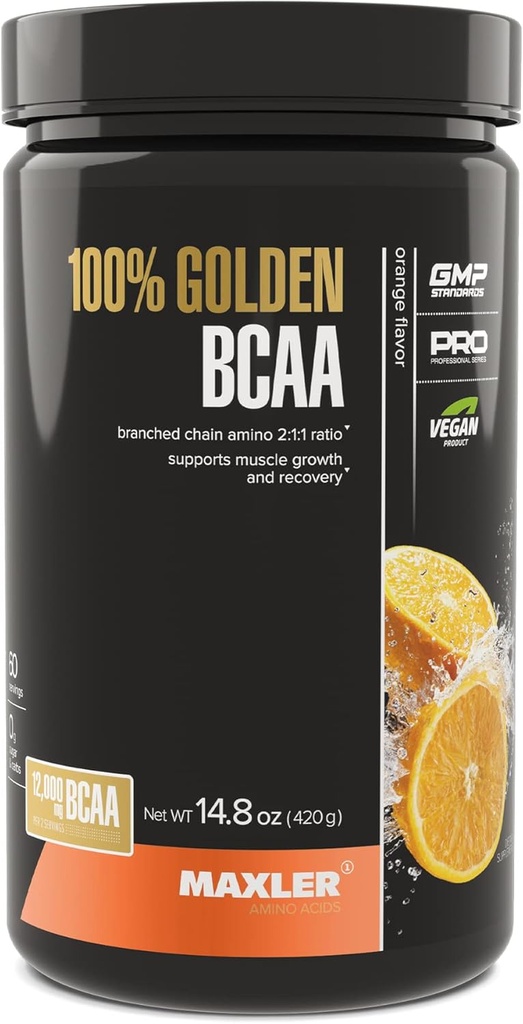 Maxler 100% Golden BCAA pulver - Intra & Post Trening Recovery Drink for akselerert muskelgjenvinning og lean muskelvekst - 6 g Vegan BCAA Aminosyrer - 60 serveringer - Orange
