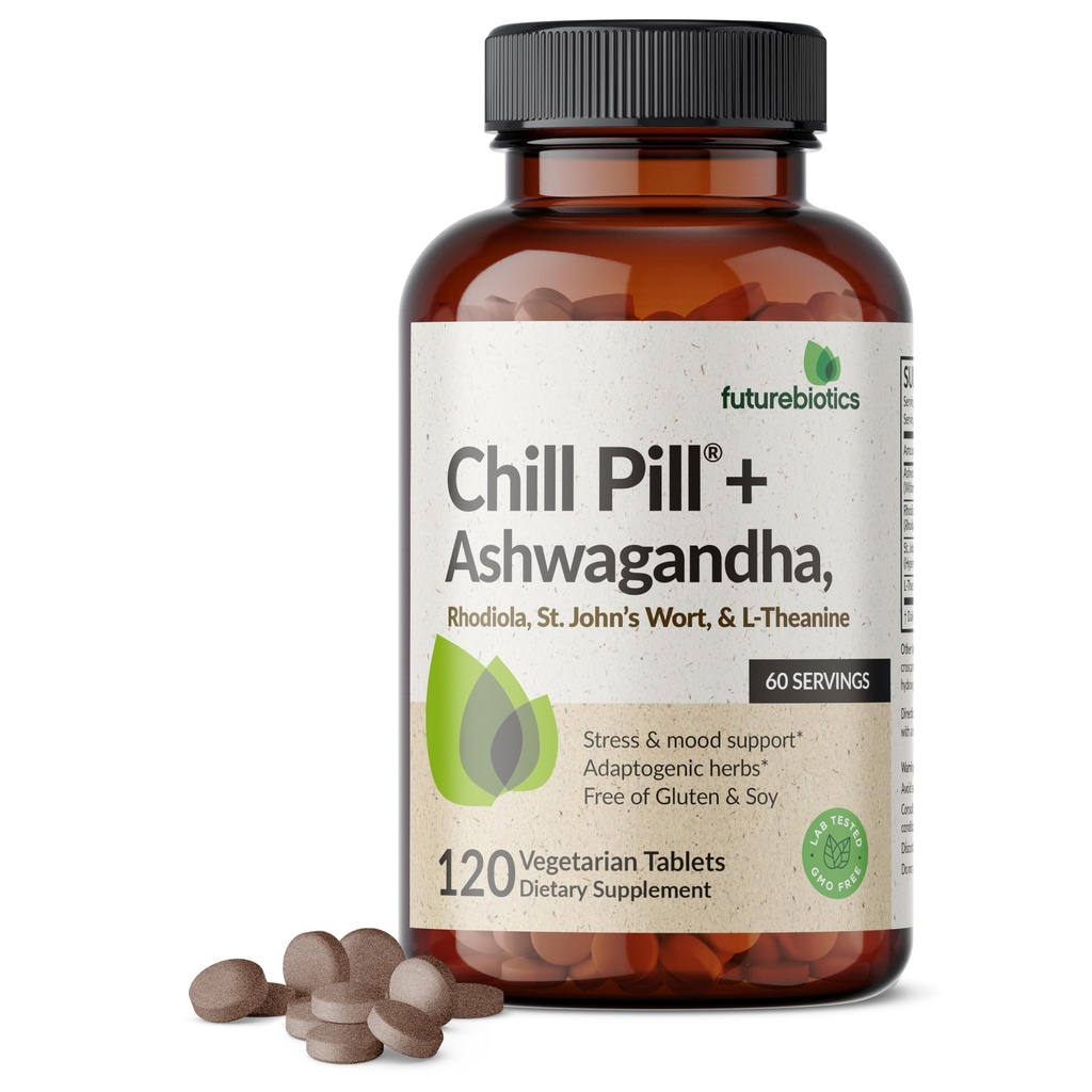 Futurebiotika Chill Pill + Ashwagandha, Rhodiola, St. John's Wort, & L-Theanine - Ikke-GMO, 120 Vegetariske tabletter