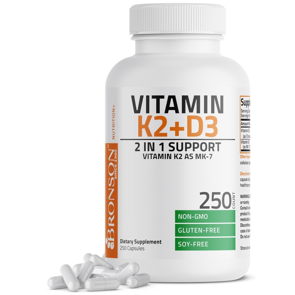 Bronson vitamin K2 (MK7) med D3 Supplement ikke-GMO formel 5000 IU vitamin D3 og 90 mcg K2 MK-7 lett å svelge D & K kompleks, 250 kapsler