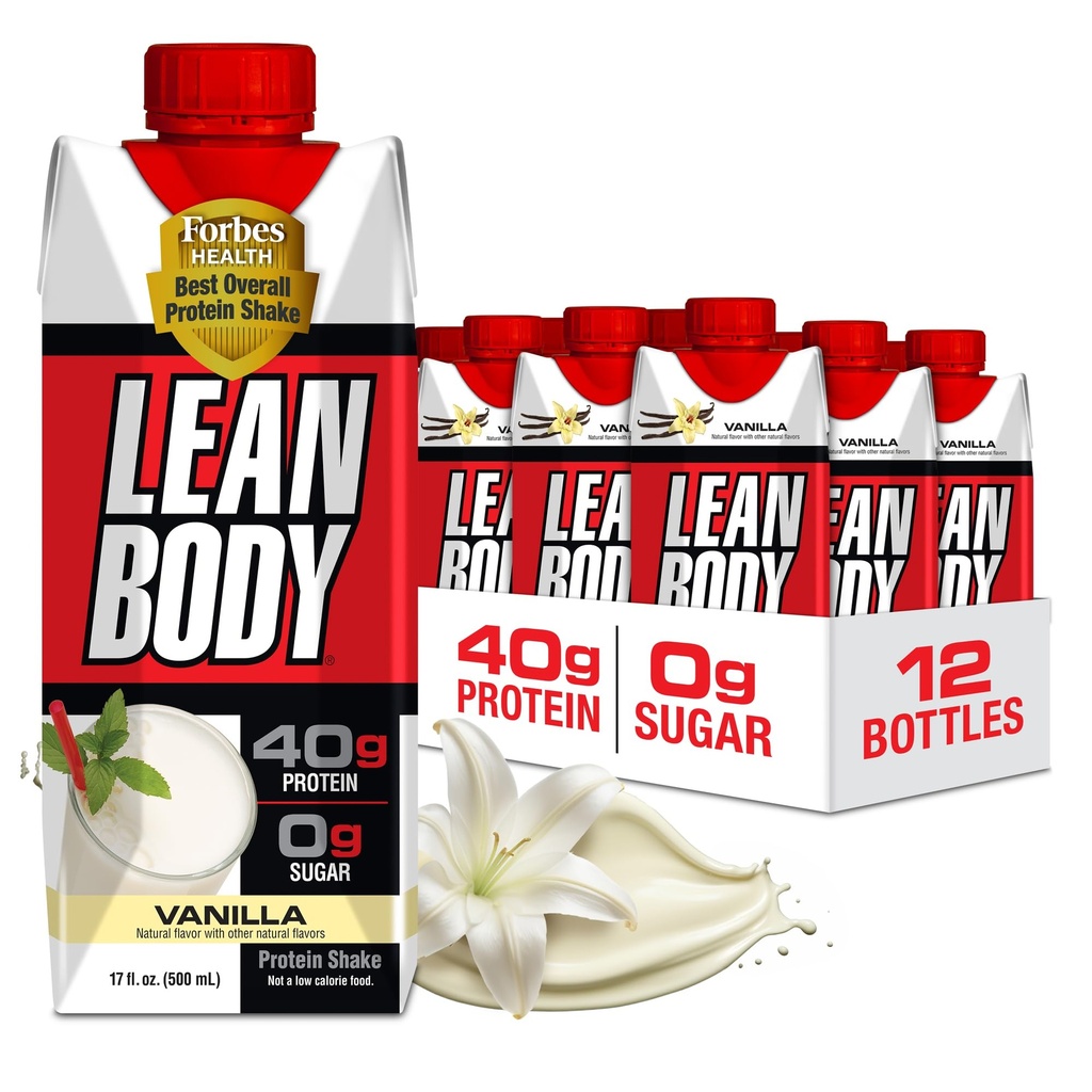 Lean Body Ready-to-Drink Vanilla Protein Shake, 40g Protein, Whey Blanding, 0 Sukker, Glutenfri, 22 Vitaminer og mineraler, 17 Fl Oz (pakke med 12)