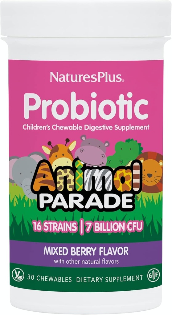 NaturesPlus Animal Parade Probiotic, Blandet Berry - 30 Chewables - Barns Digestion Supplement - Støtter Gut helse og immunfunksjon - Vegan, Glutenfri - 30 Services
