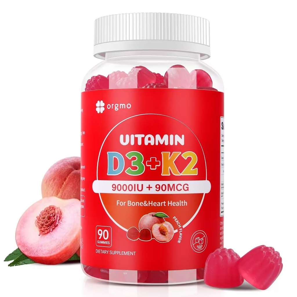 Vitamin D3 K2 Gummies - 90 greve sukker gratis vitamin D3 9000 IU + K2(MK-7) 90mg for bein og immun helse, vegansk Chewable K2 D3 Vitamin Supplement for kvinner menn (Peach Flavor)