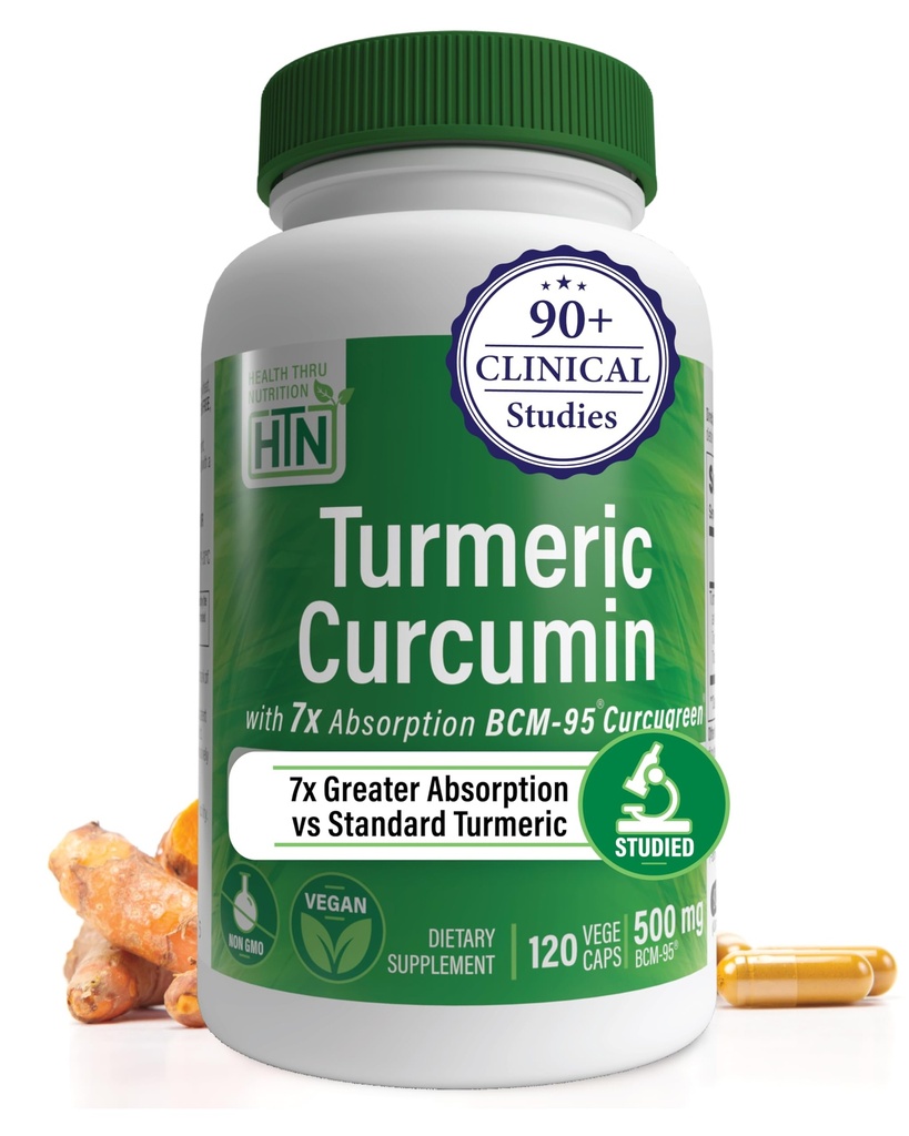 Helse Thru Nutrition Turmeric Curcumin Complex 500mg Supplement | som BCM-95 Curcugreen klinisk studert | Vegan sertifisert (pakke på 120)