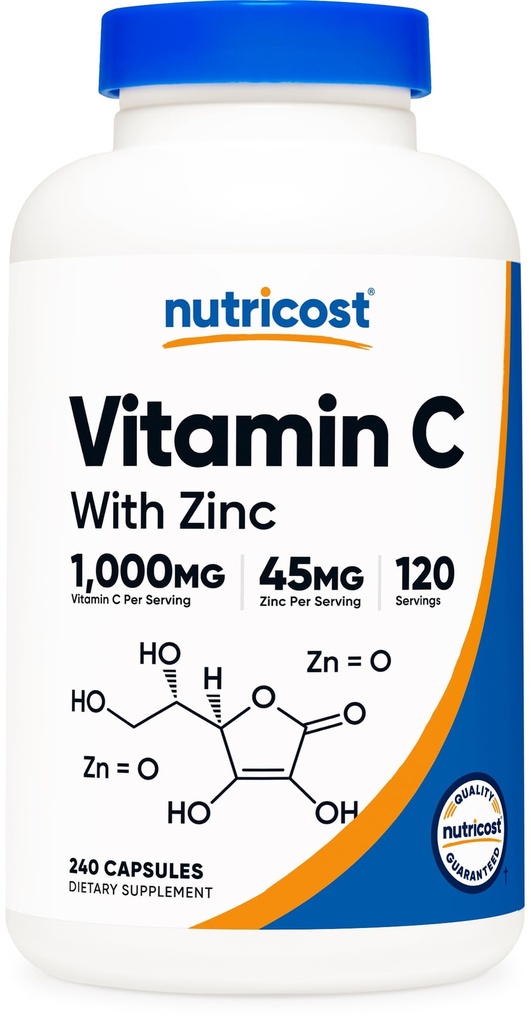 Nutricost vitamin C med sink kapsler, 120 serveringer - 1000 mg, 45 mg sink, ikke-GMO, Glutenfri vitamin C Supplement