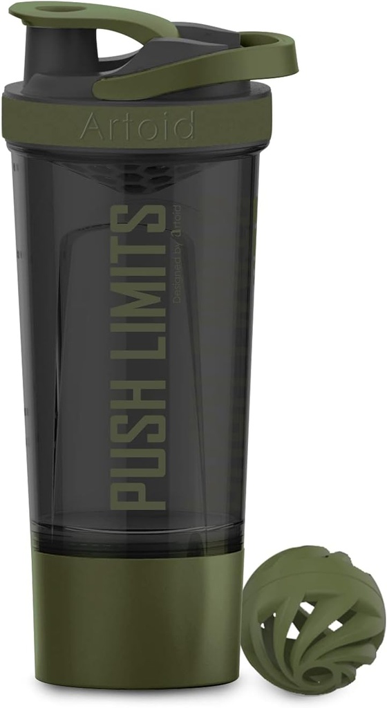 Artoid Sports Protein Shaker Flaske, 24-Ounce, Dual Mixing Technology, BPA Gratis, Svart/Moss Grønn
