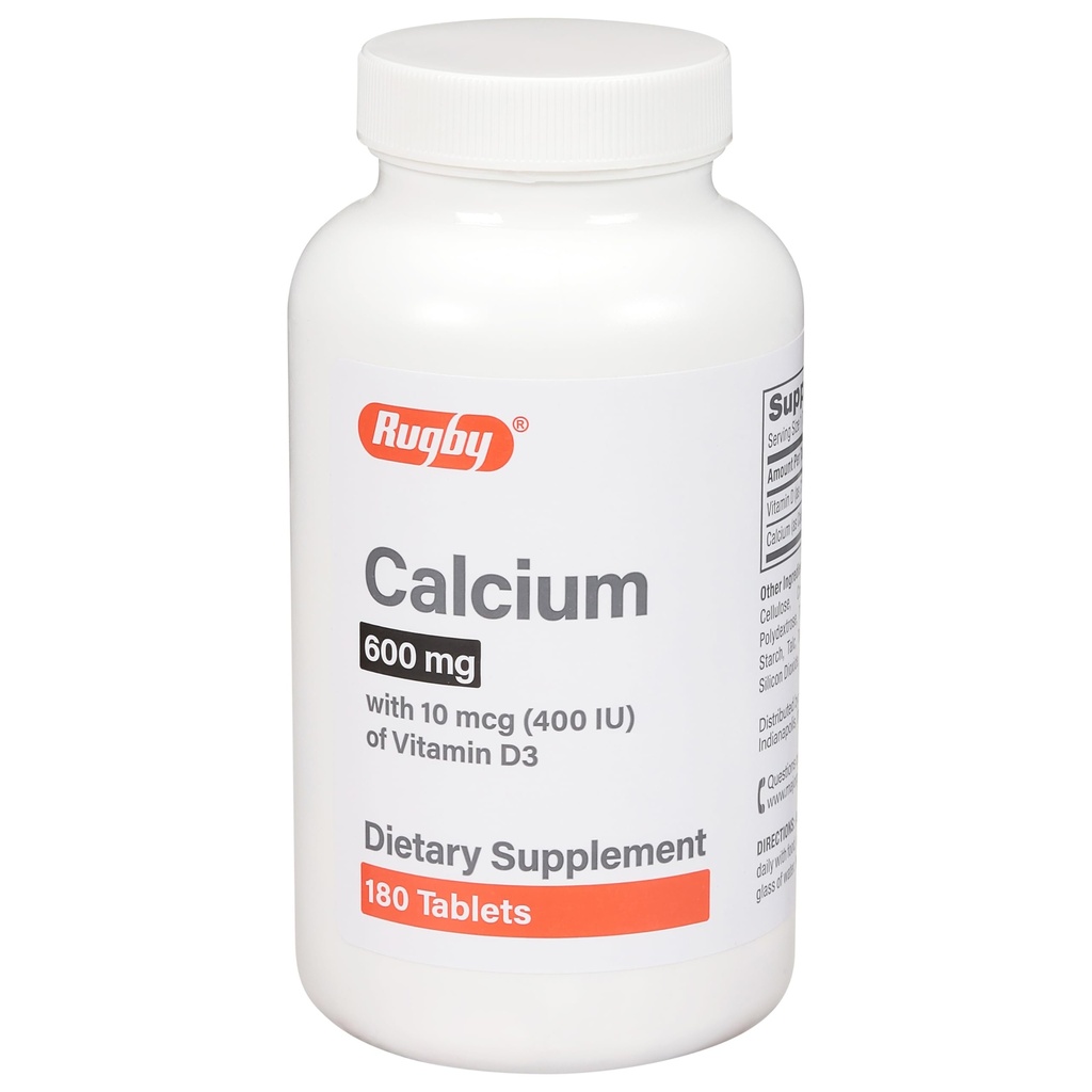 Rugby 600 mg kalsiumtabletter - laget med 10mcg (400IU) vitamin D3 - Kosttilskudd - 180 Count (1 Pack)