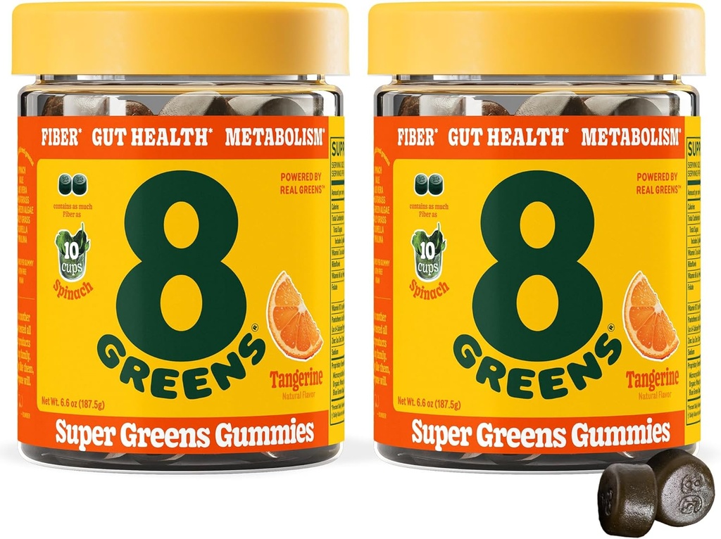 8Greens Daily Fiber Super Greens Gummies - Tangerine Flavor: Boost Immune System & Digestiv Helse med 8 ekte grønn - Non-GMO Formula, Chewables, 50 Vegan Gummies, Pakke med 2