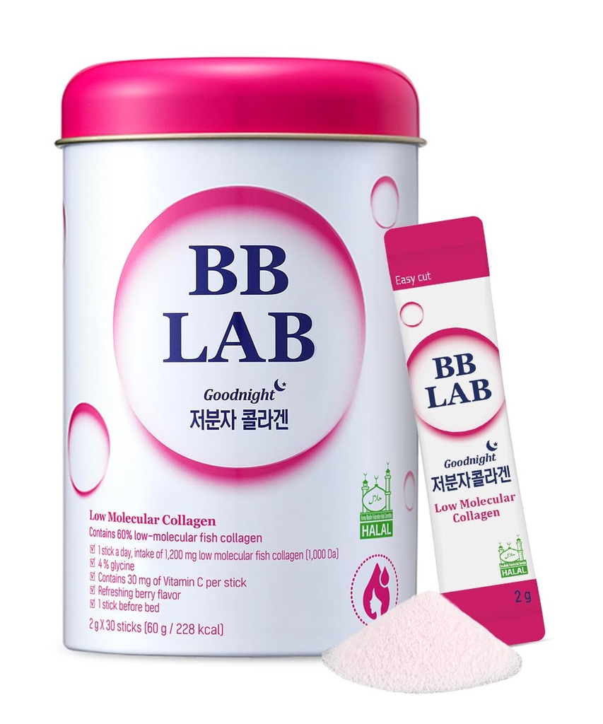 BB LAB God natt Lav Molekylær kollagen pulver Stick Supplement, Halal Certified, Koreansk Marine kollagen, Fisk Kollagen Peptider, Vitamin C, Glycine, Rask absorpsjon, Bland Berry Flavor