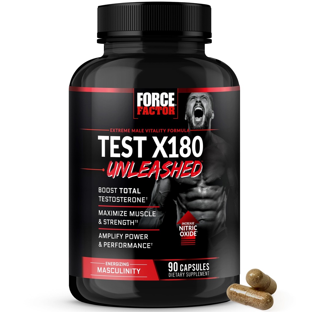 FORCE FACTOR Test X180 Unleased Testosteron Booster for menn å bygge muskler, øke styrke, og forbedre ytelse, Testosteron Supplement for menns helse, 90 kapsler