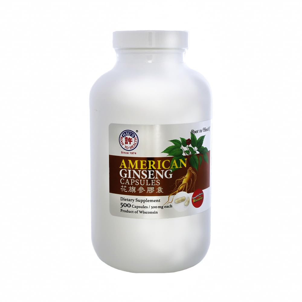 Hsu's SKU 1005 amerikanske Ginseng kapsler - Premium Wisconsin-Grown Ginseng Root Powder Supplement 花旗參丸 花旗參丸 | | | Ikke-GMO, Vegan, Glutenfri, Energi og velvære- 500ct