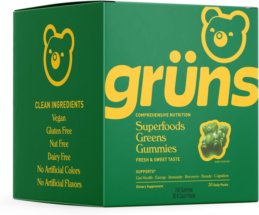 Gruns Super Greens Gummy Bears - Økologisk Spirulina og Chlorella, Prebiotika for Digestiv Helse, 20+ Vitaminer og Mineraler - 30 poser - 240 Gummies