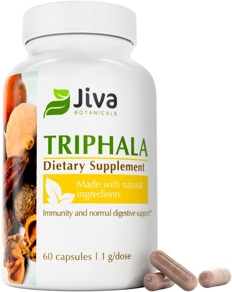 Jiva Botanicals Triphala Supplement - Triphala Kapsler laget med Amalaki, Bibhitaki og Haritaki pulver for normal digestiv helse og normal immunsystem - 60 Kapsler