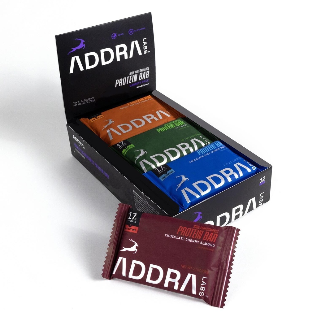 ADDRA Protein Bars - Glutenfri, høyprotein Muskel Recovery Bars for Runners, 17g Protein + 1,5g BCAA Leucine, Lavt sukker, Vegan, Plantebaserte, & Dairy Flavors, Blandet Case Variety Pack, 12-Pack
