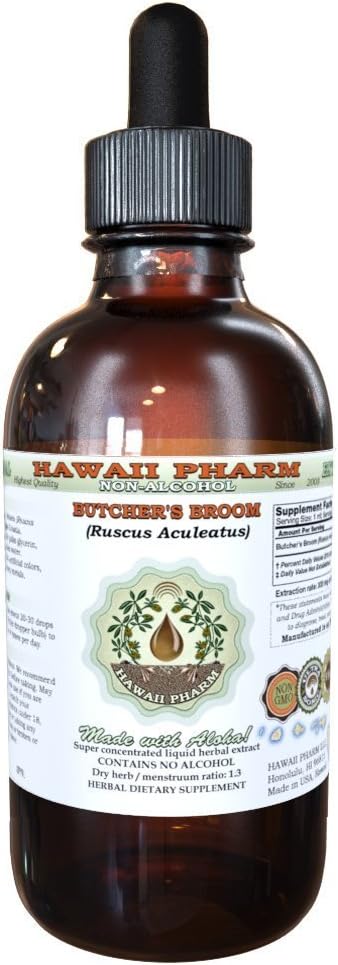 Butcher's Broom alkohol-fri flytende ekstrakt, organisk slakter kost (Ruscus akuleatus) tørket rot glyseritt Hawaii Pharm Naturlig Herbal Supplement 4 oz