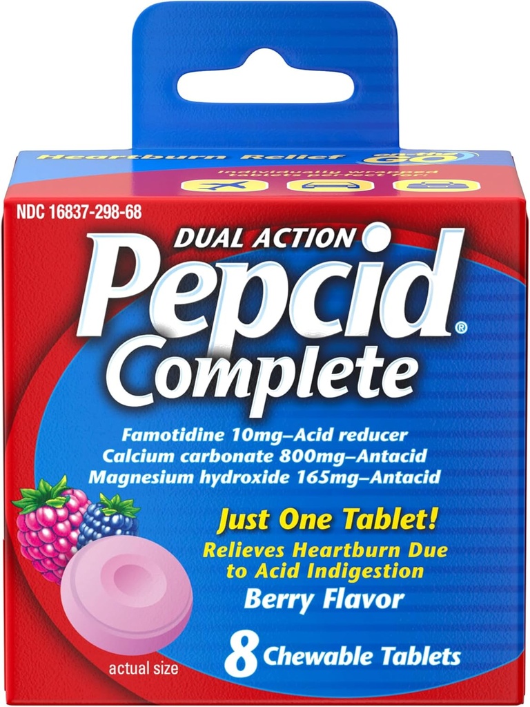 Pepcid Complete Acid Reduser + Antsyre for syre Reflux, 10 mg famotidin, 800 mg kalsiumkarbonat & 165 mg Magnesium Hydroxid per Heartburn Medisin Tablett, Antsyre Chews, Berry, 8 ct