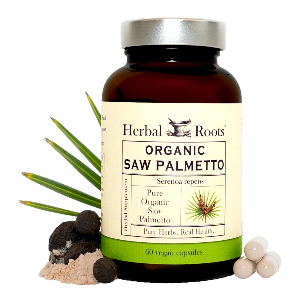 Herbal Roots Organic Sag Palmetto Kapsler | 1000 mg per servering | 60 Organic Vegansk Kapsler