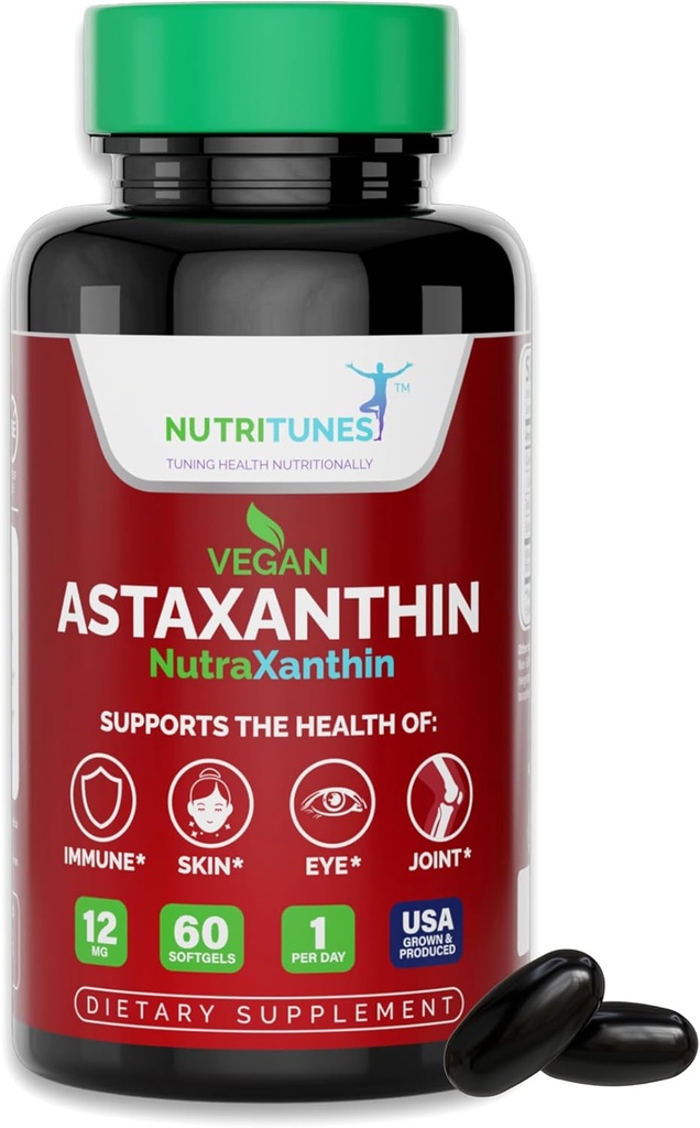 Astaxanthin 12mg Vegan Softgels – høy potens Antioksidant for hud, øye og immun støtte – ikke-GMO, fri for gluten, soya, galaktose og BSE, 60 Vegan Softgels, 2-måneders Supply