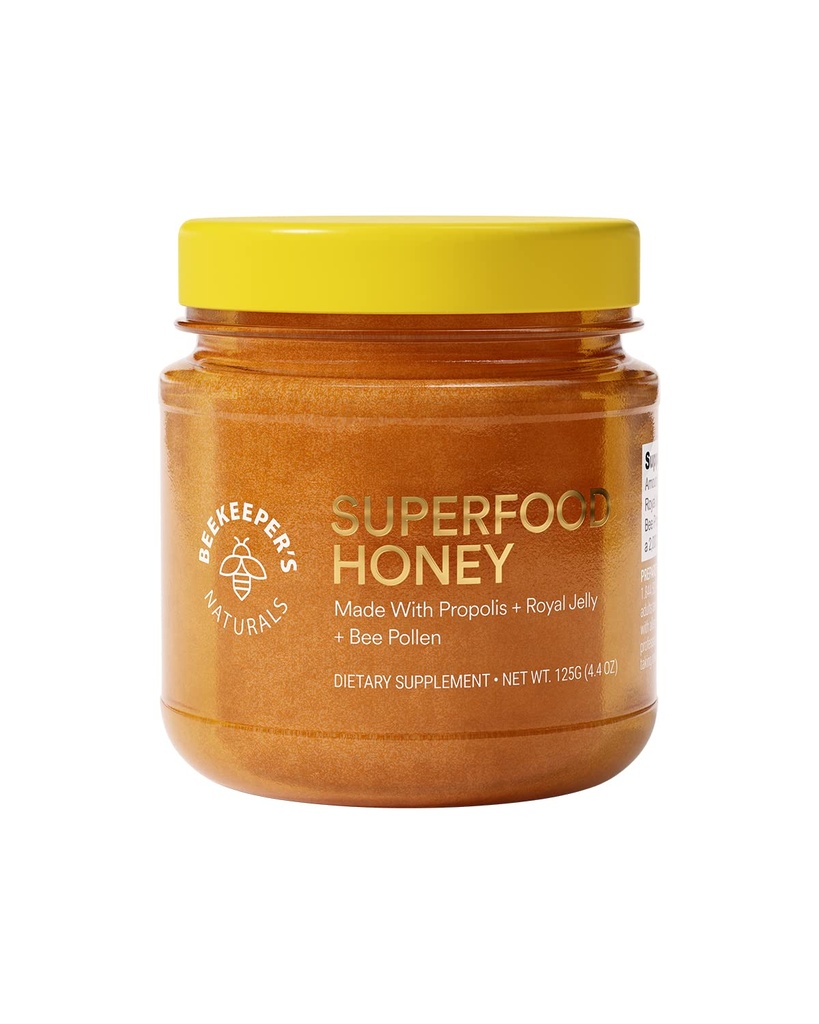 Superfood Honning by Beekeeper's Naturals - Bee Pollen, Royal Jelly, Propolis, Honning - Naturlig energi, Immun støtte, Mental Clarity, Athletic Performance (4.4 oz)