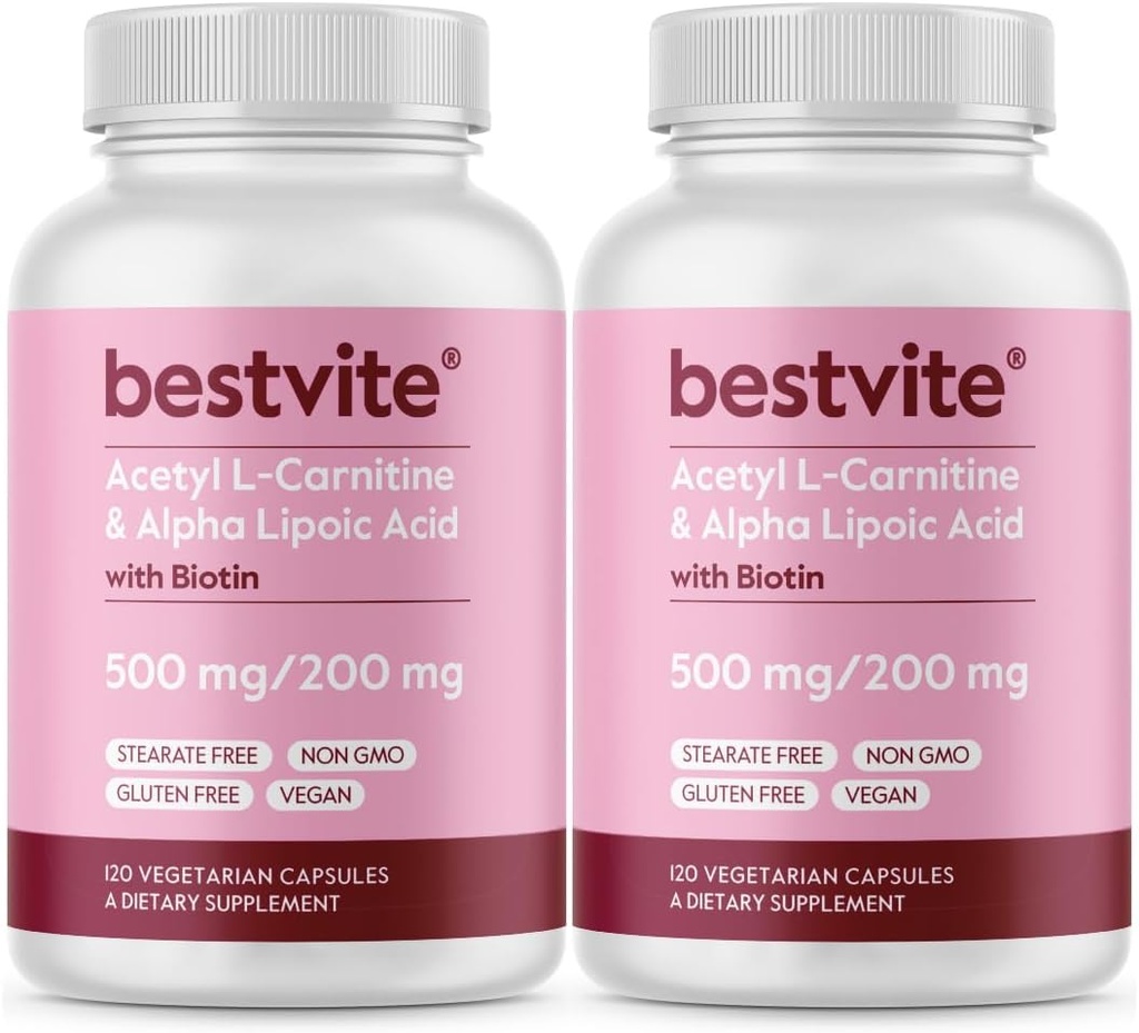 BESTVITE Acetyl L-karnitin 500mg & Alpha Lipoic Acid 200mg per kapsel med Biotin (240 vegetariske kapsler) (120 x 2) - Ingen stearates - Vegan - ikke GMO - Glutenfri