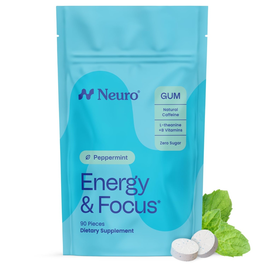 Neuro Energi & Focus Gum - 40mg Naturlig Koffein Gum & Nootropic Energi Supplement med L-Theanine & B vitaminer - sukkerfri, vegansk - Peppermynte, 90ct