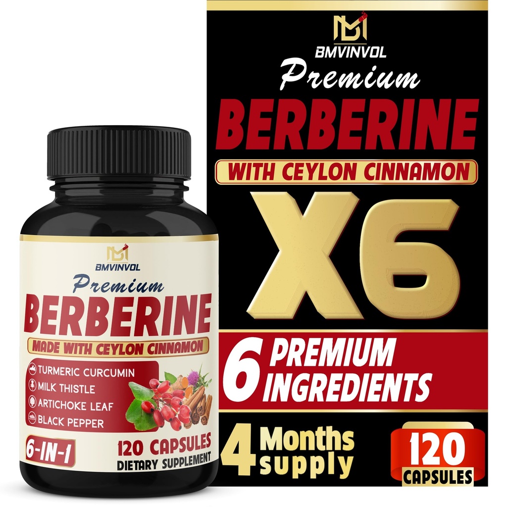 BMVINVOL 6in1 Berberine Supplement med ceylon cinnamon, tumerisk rot, melk tistel, artichoke, svart pepper -120 kapsler for 4 måneders forsyning