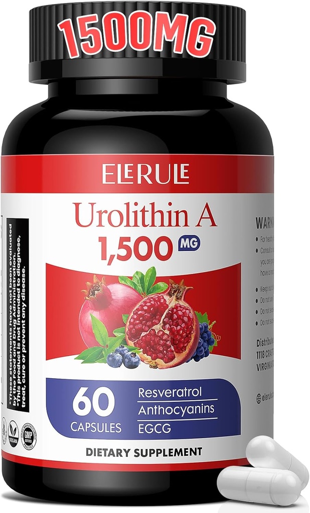 Urolitin A Supplement 1000 mg Plus Trans-Resveratrol, Anthocyanins, Grønn Te, Promoting Sunn aldring, Støtter Cellular og energi for menn og kvinner, 60 Kapsler-60